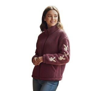 PLAYBOY M Burgundy Sherpa Zip Jacket Bunnies On Sleeves R $90